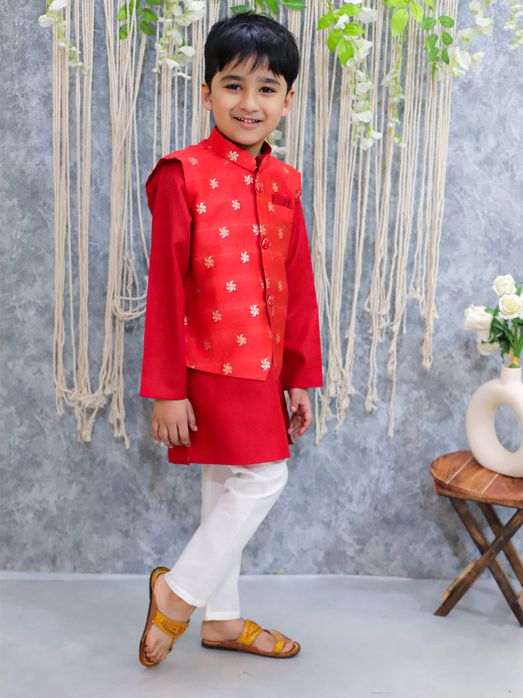 BownBee Jacquard Jacket with Full Sleeve Cotton Kurta Pajama for Boys - Red