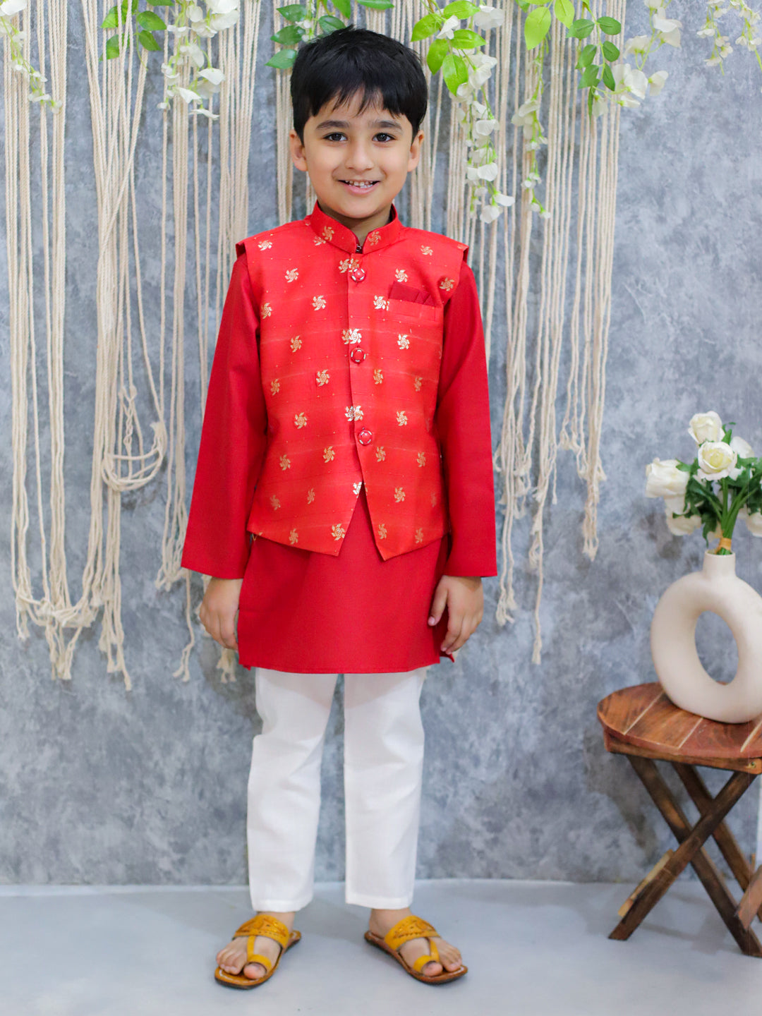 BownBee Sibling Set Jacquard Jacket with Full Sleeve Cotton Kurta Pajama for Boys- Red with Pure Chanderi 3/4th Sleeve Top with Lehenga & Dupatta- Red