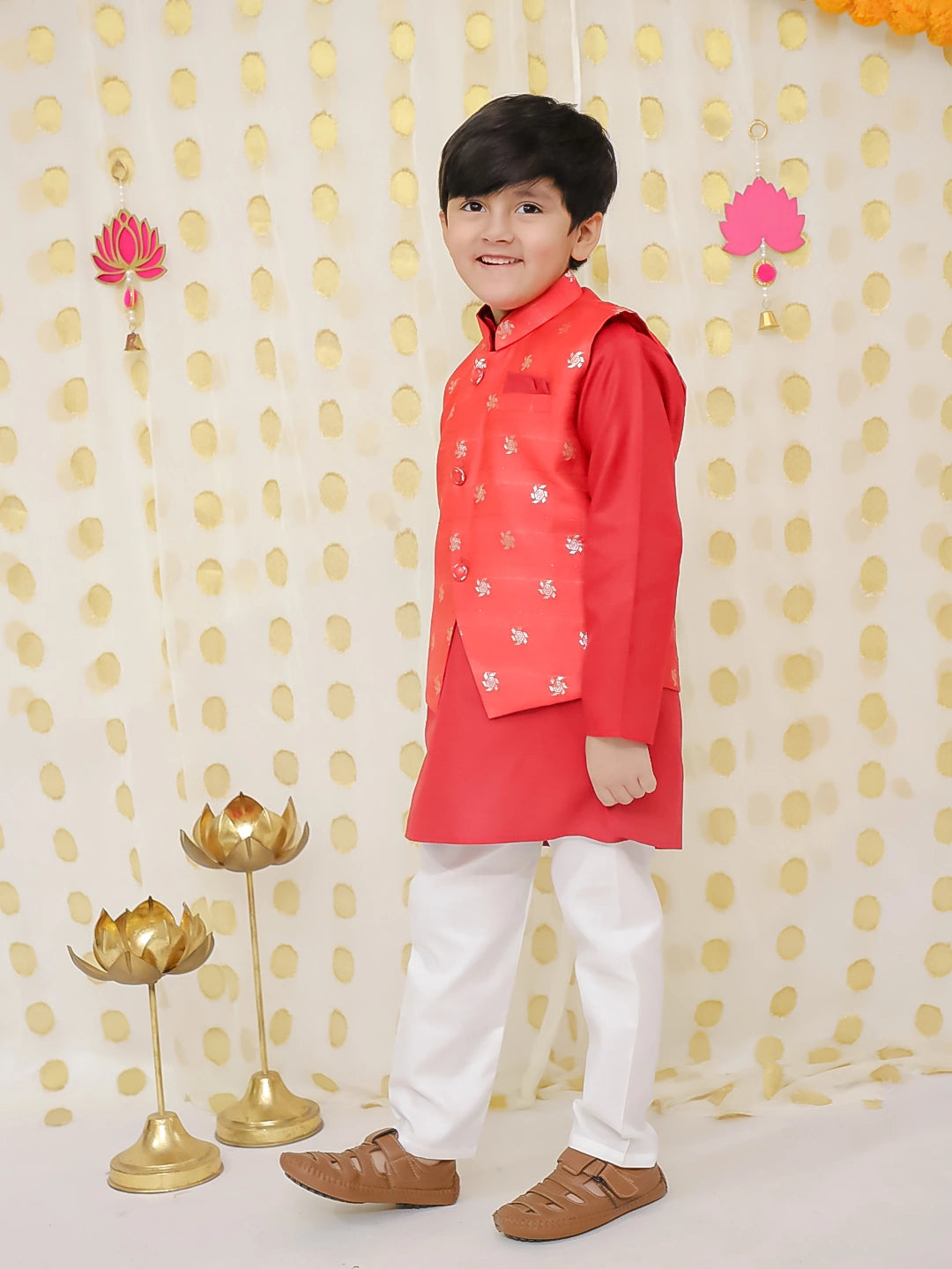 BownBee Jacquard Jacket with Full Sleeve Cotton Kurta Pajama for Boys
