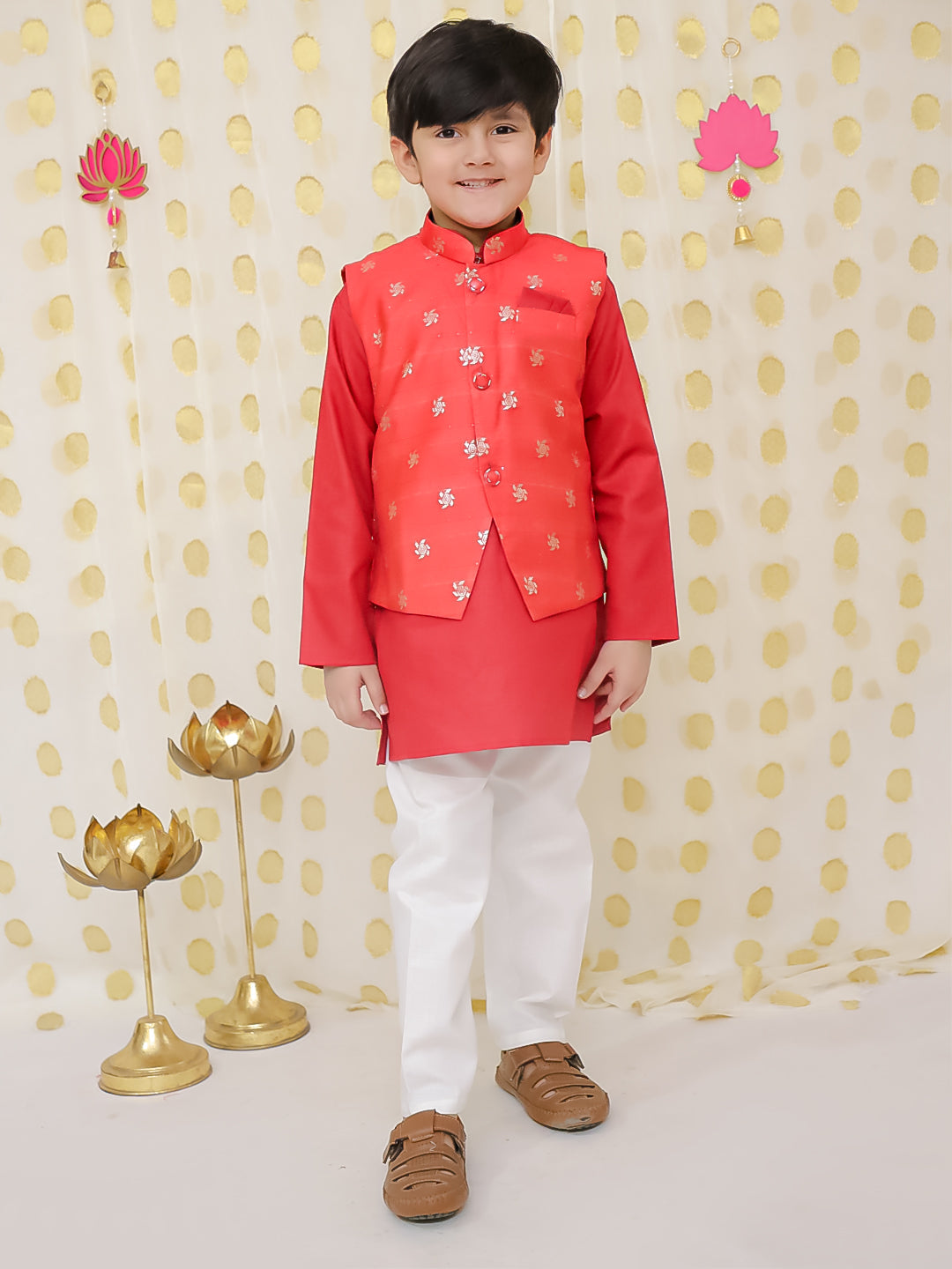 BownBee Jacquard Jacket with Full Sleeve Cotton Kurta Pajama for Boys- Red