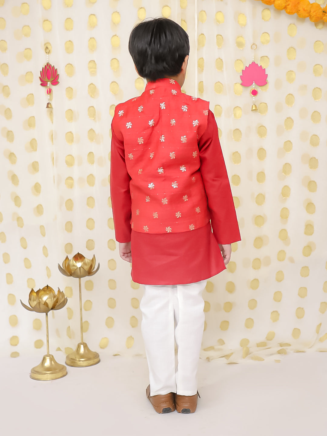 BownBee Jacquard Jacket with Full Sleeve Cotton Kurta Pajama for Boys- Red