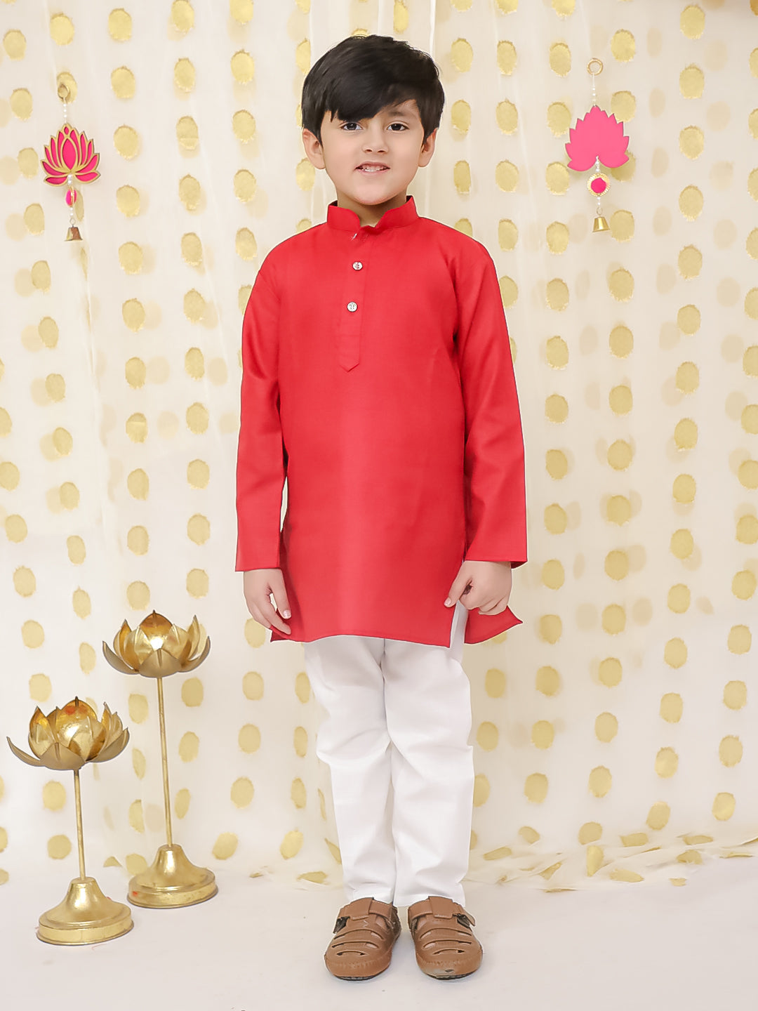 BownBee Jacquard Jacket with Full Sleeve Cotton Kurta Pajama for Boys- Red