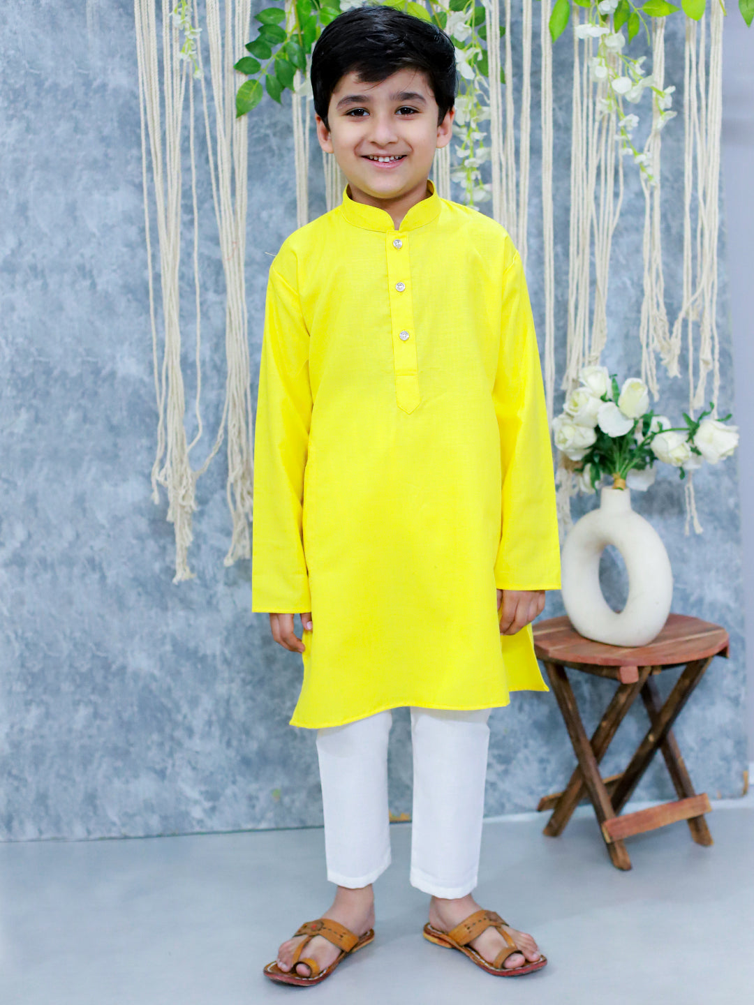 BownBee Jacquard Jacket with Full Sleeve Cotton Kurta Pajama for Boys- Yellow