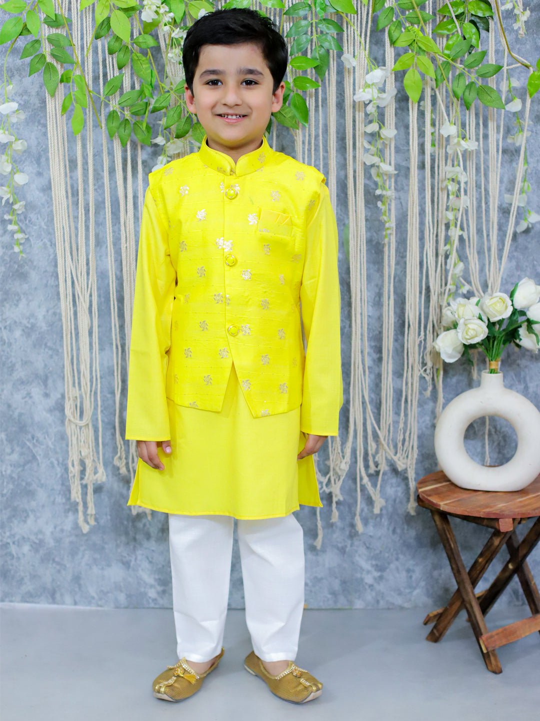 BownBee Sibling Set Jacquard Jacket with Full Sleeve Cotton Kurta Pajama for Boys- Yellow with Pure Chanderi 3/4th Sleeve Top with Lehenga & Dupatta- Yellow