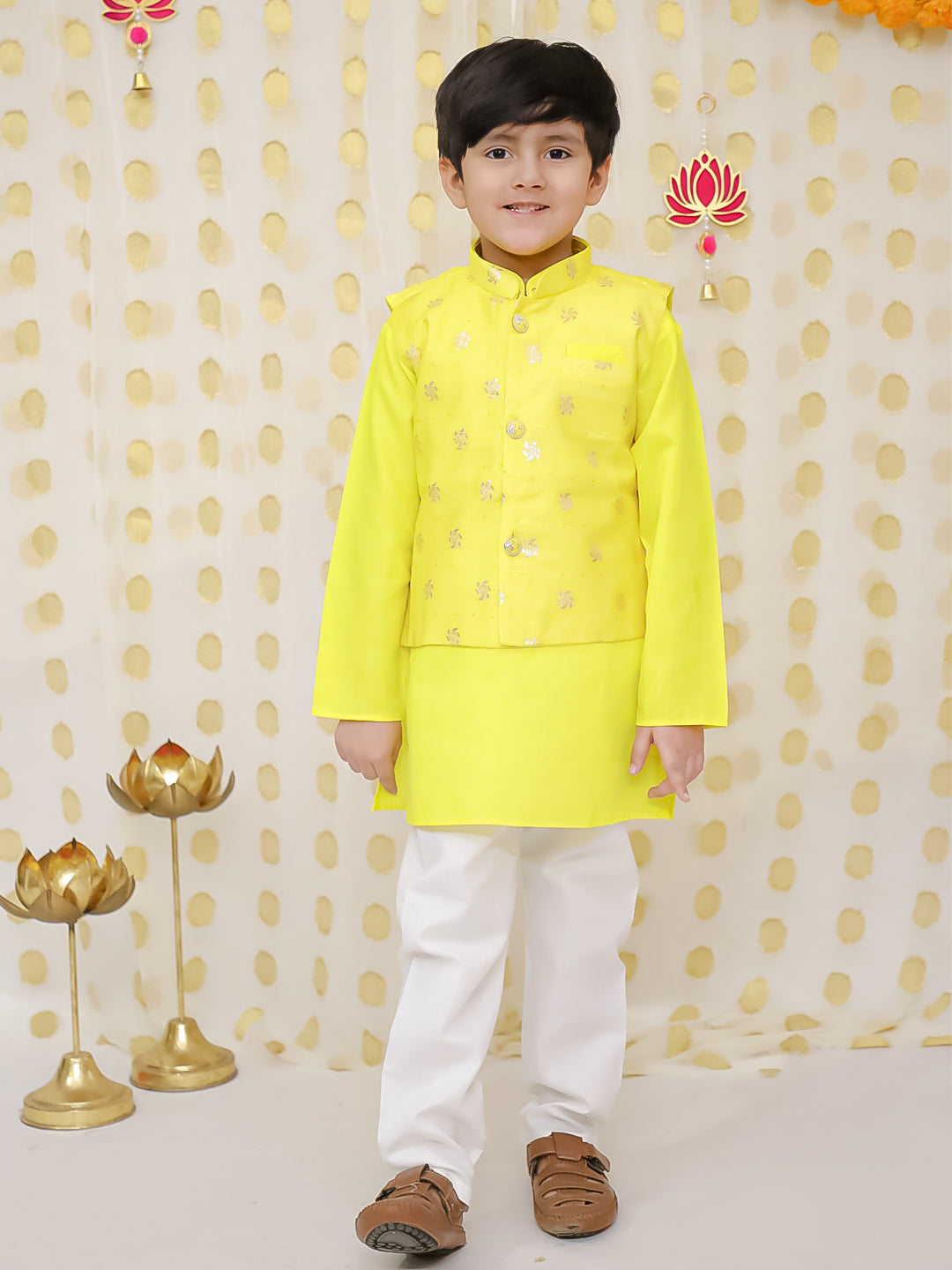BownBee Jacquard Jacket with Full Sleeve Cotton Kurta Pajama for Boys- Yellow