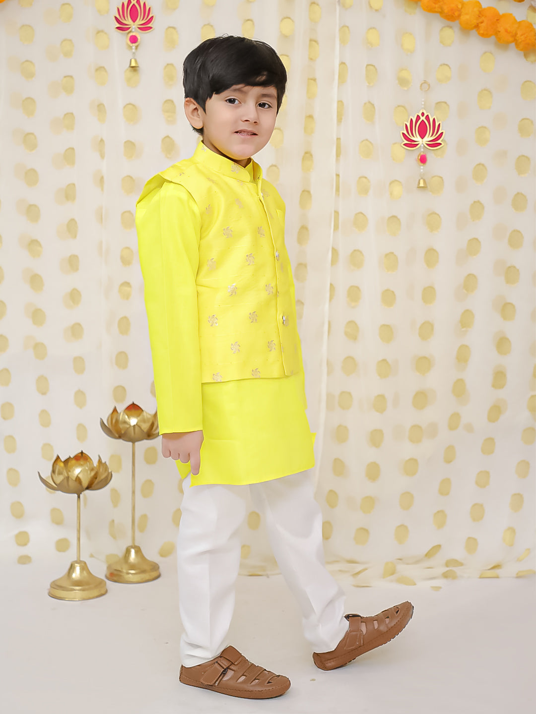 BownBee Jacquard Jacket with Full Sleeve Cotton Kurta Pajama for Boys- Yellow
