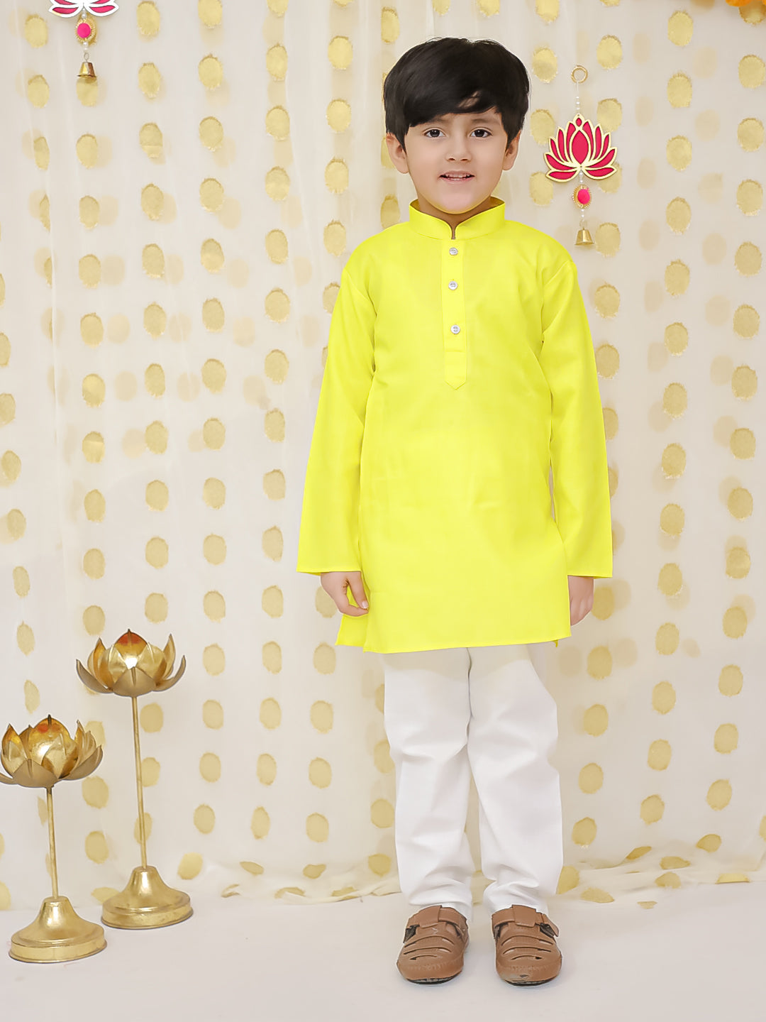 BownBee Jacquard Jacket with Full Sleeve Cotton Kurta Pajama for Boys- Yellow