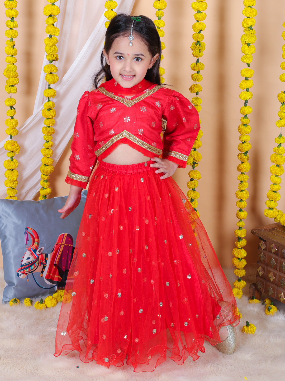 BownBee Sibling Set Jacquard Jacket with Full Sleeve Cotton Kurta Pajama for Boys- Red with Pure Chanderi 3/4th Sleeve Top with Lehenga & Dupatta- Red