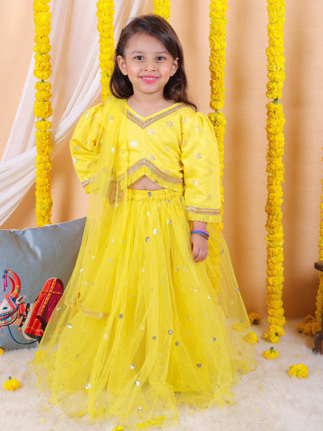 BownBee Sibling Set Jacquard Jacket with Full Sleeve Cotton Kurta Pajama for Boys- Yellow with Pure Chanderi 3/4th Sleeve Top with Lehenga & Dupatta- Yellow