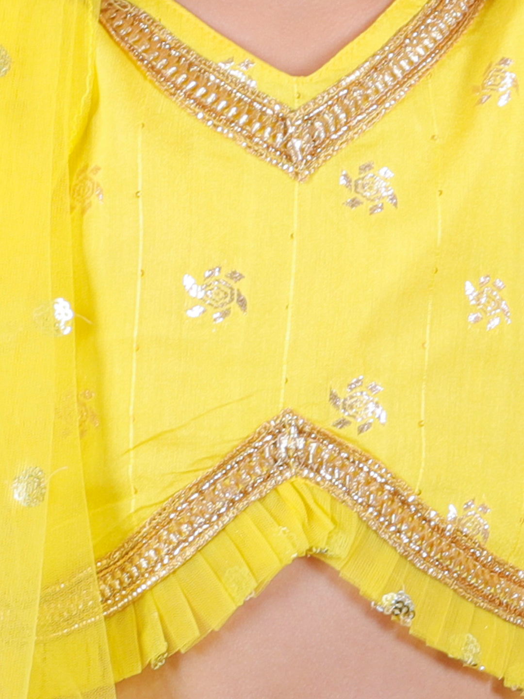BownBee Sibling Set Jacquard Jacket with Full Sleeve Cotton Kurta Pajama for Boys- Yellow with Pure Chanderi 3/4th Sleeve Top with Lehenga & Dupatta- Yellow