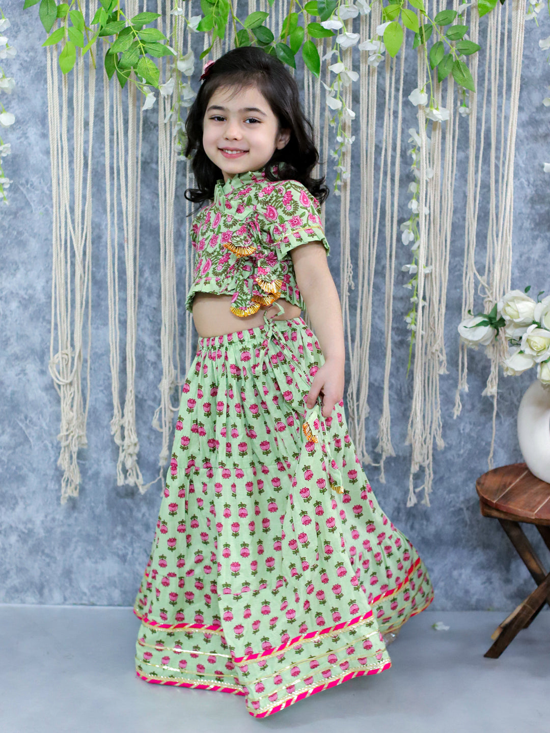 BownBee Pure Cotton Front Open Choli with Lehenga-Green