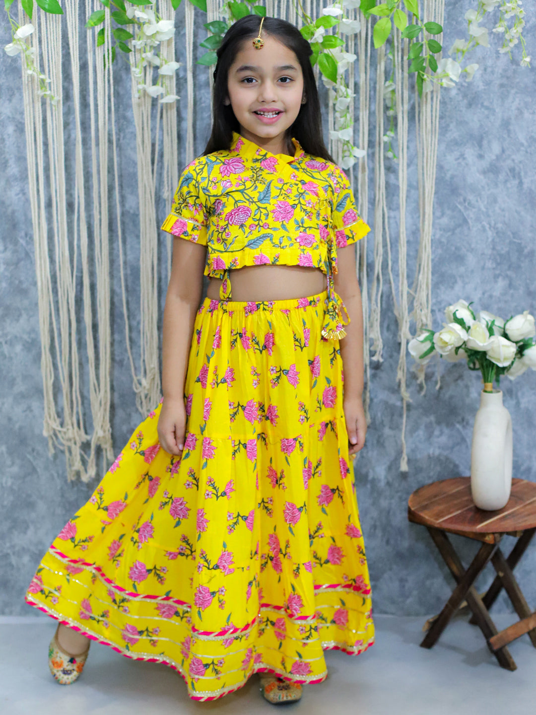 BownBee Pure Cotton Front Open Choli with Lehenga - Yellow