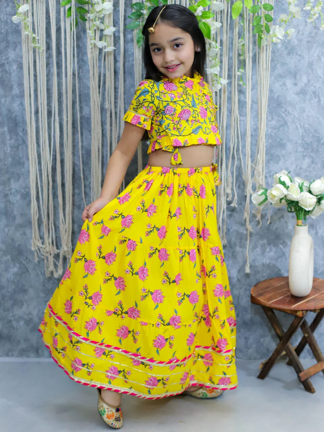 BownBee Sibling Set Pure Cotton Printed Dhoti Kurta with Front Open Choli Lehenga Set