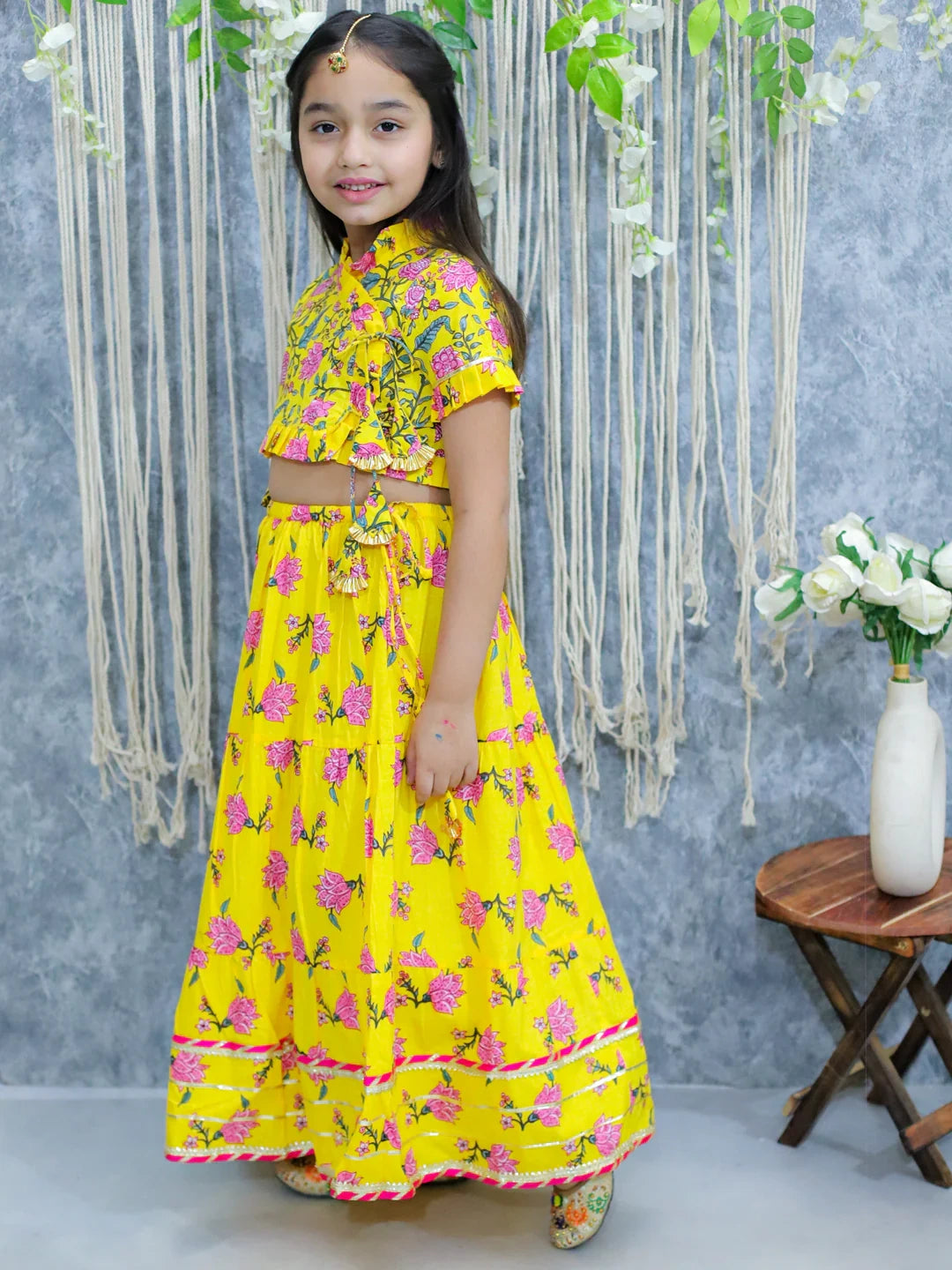 BownBee Sibling Set Pure Cotton Printed Dhoti Kurta with Front Open Choli Lehenga Set