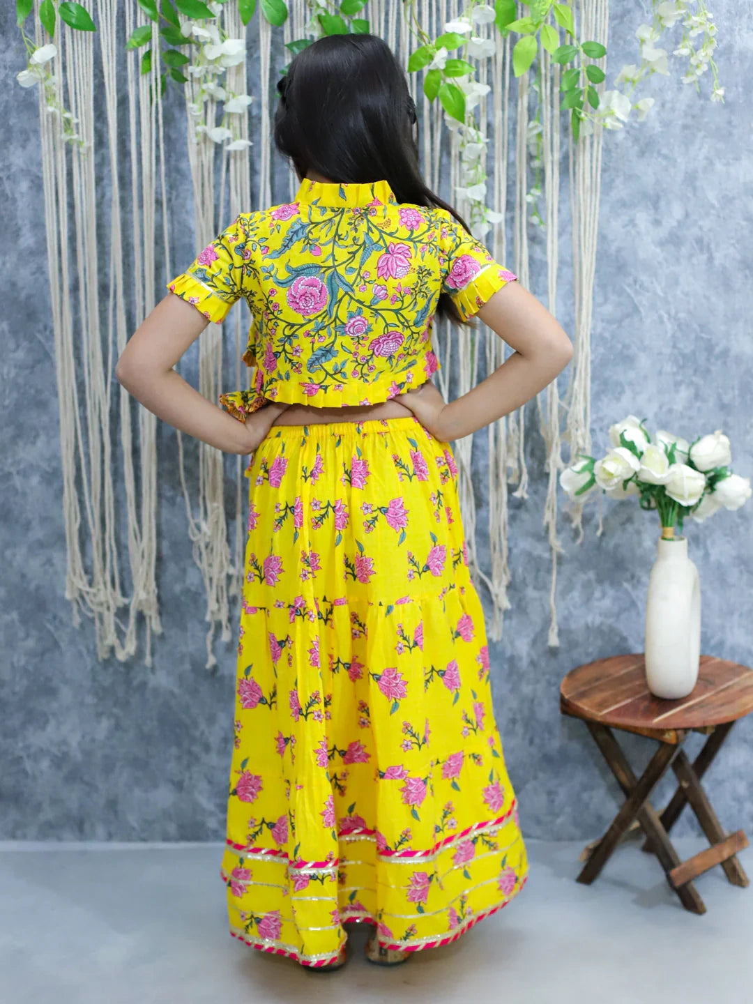 BownBee Sibling Set Pure Cotton Printed Dhoti Kurta with Front Open Choli Lehenga Set