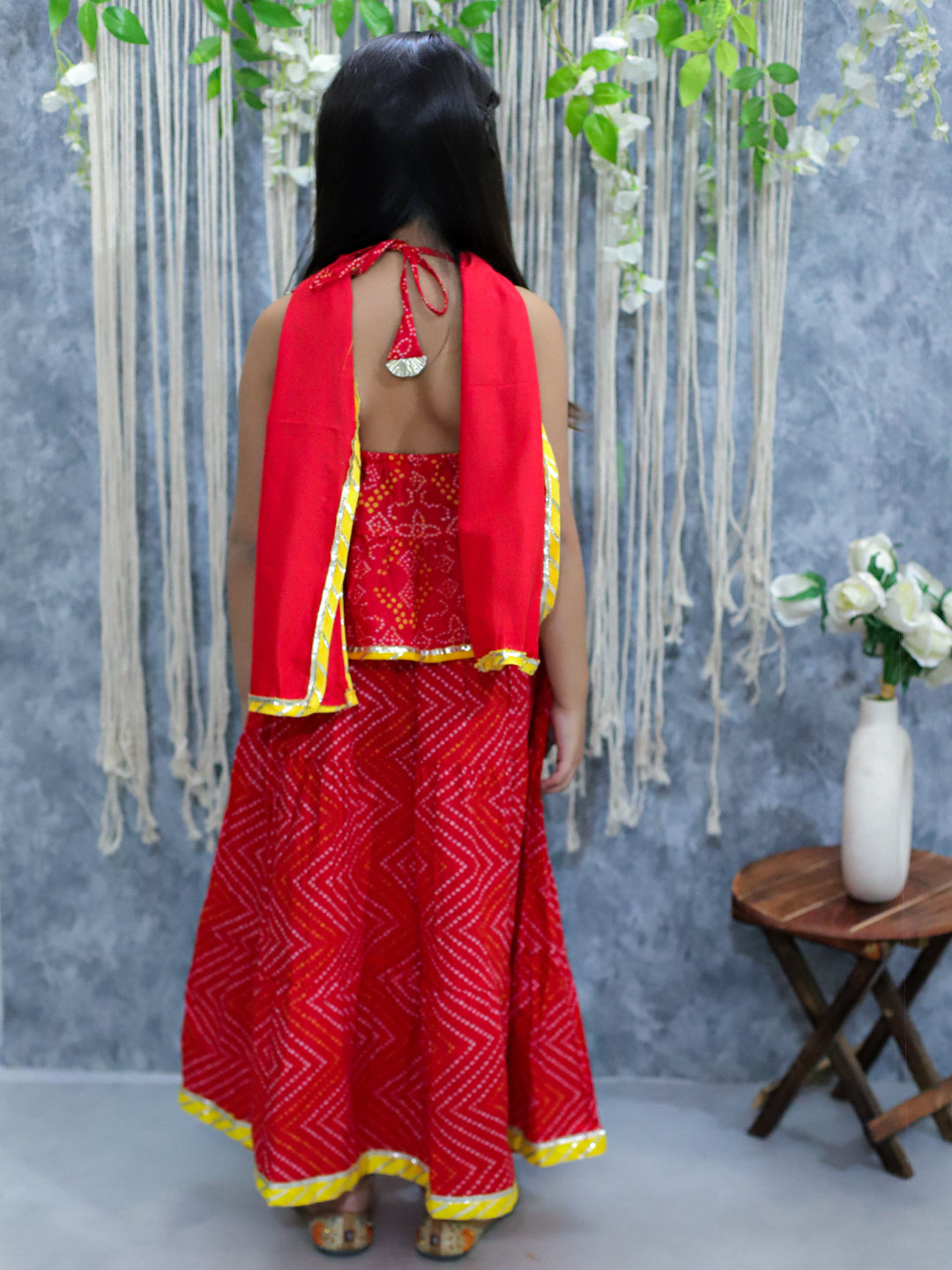 BownBee Halter Neck Pure Cotton Choli with Lehenga & Dupatta-Red