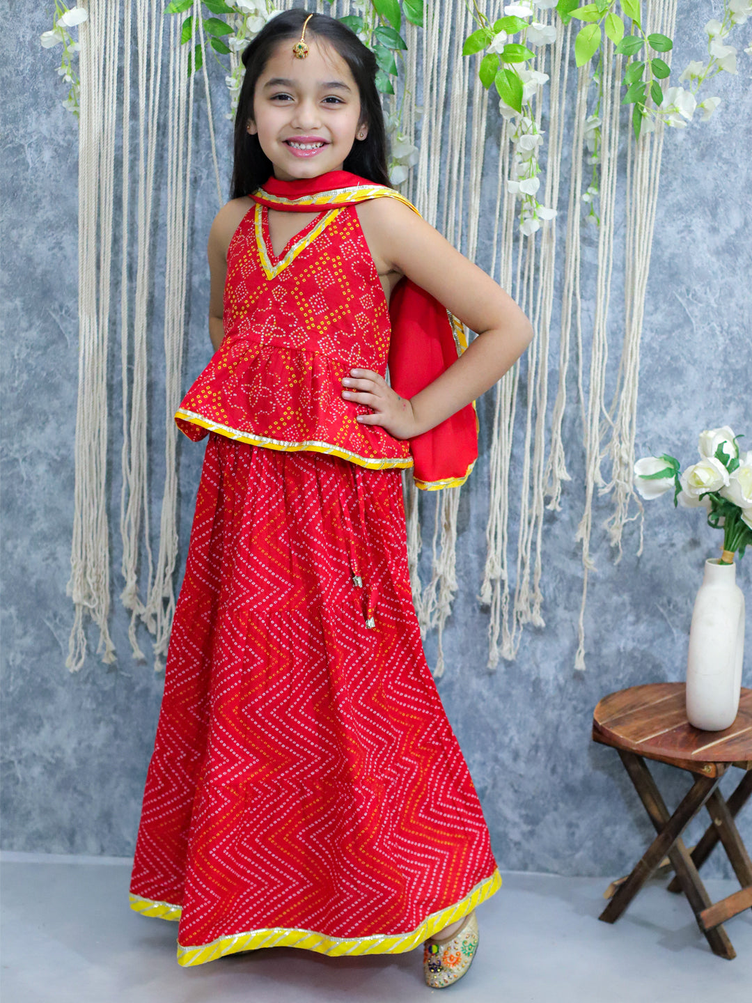BownBee Halter Neck Pure Cotton Choli with Lehenga & Dupatta-Red
