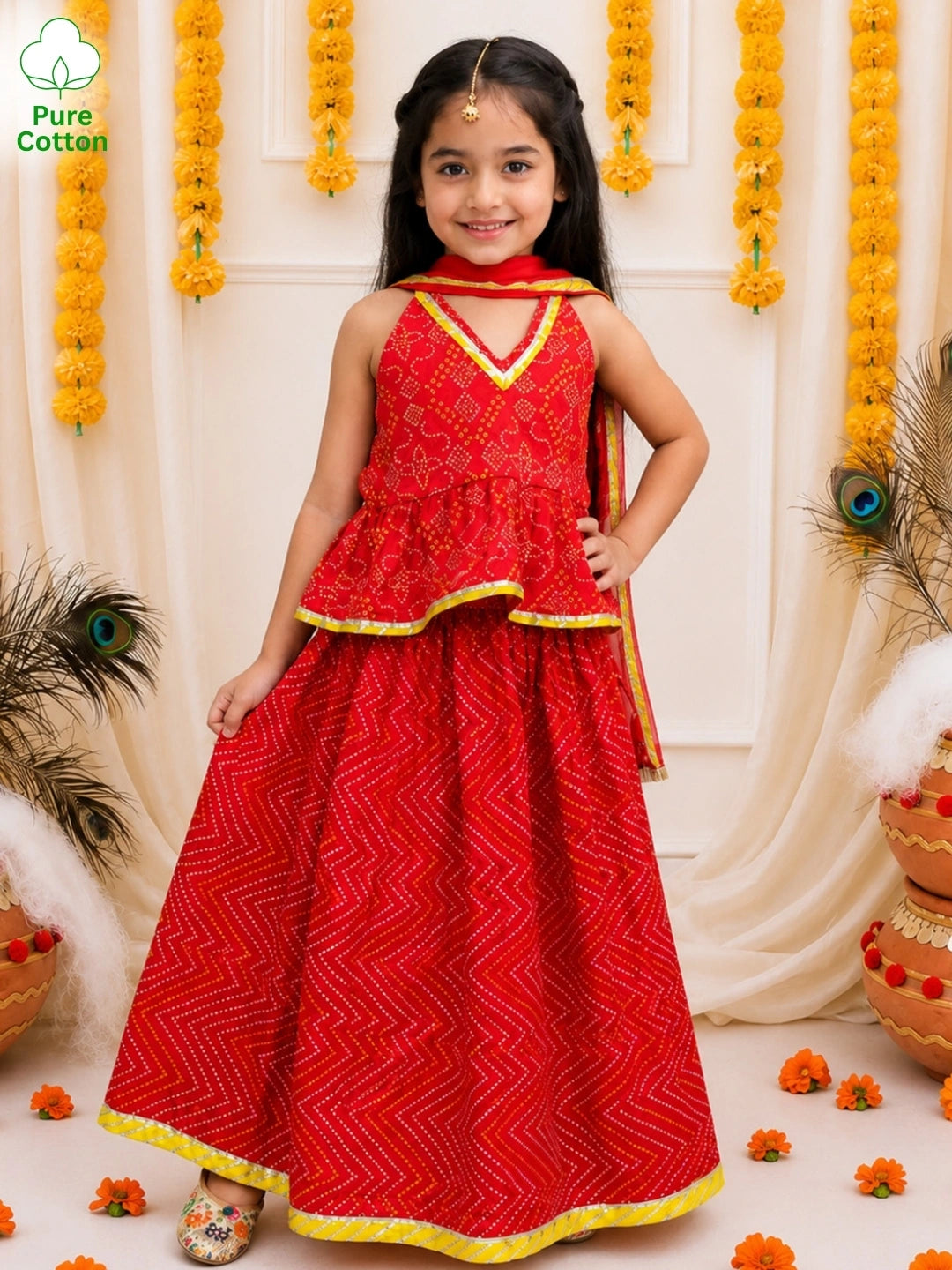 BownBee Pure Cotton Halter Neck Choli & lehenga With Dupatta Set For Girls