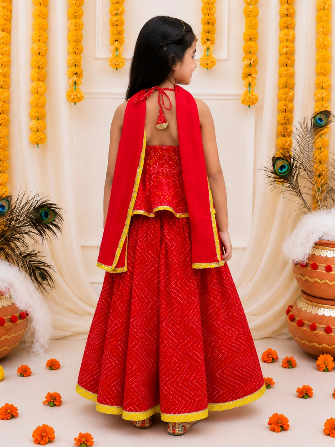 BownBee Pure Cotton Halter Neck Choli & lehenga With Dupatta Set For Girls