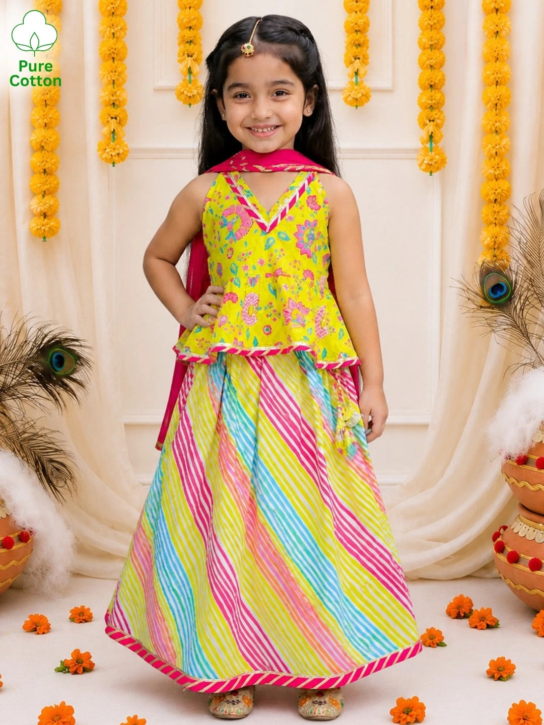BownBee Pure Cotton Halter Neck Choli & lehenga With Dupatta Set For Girls