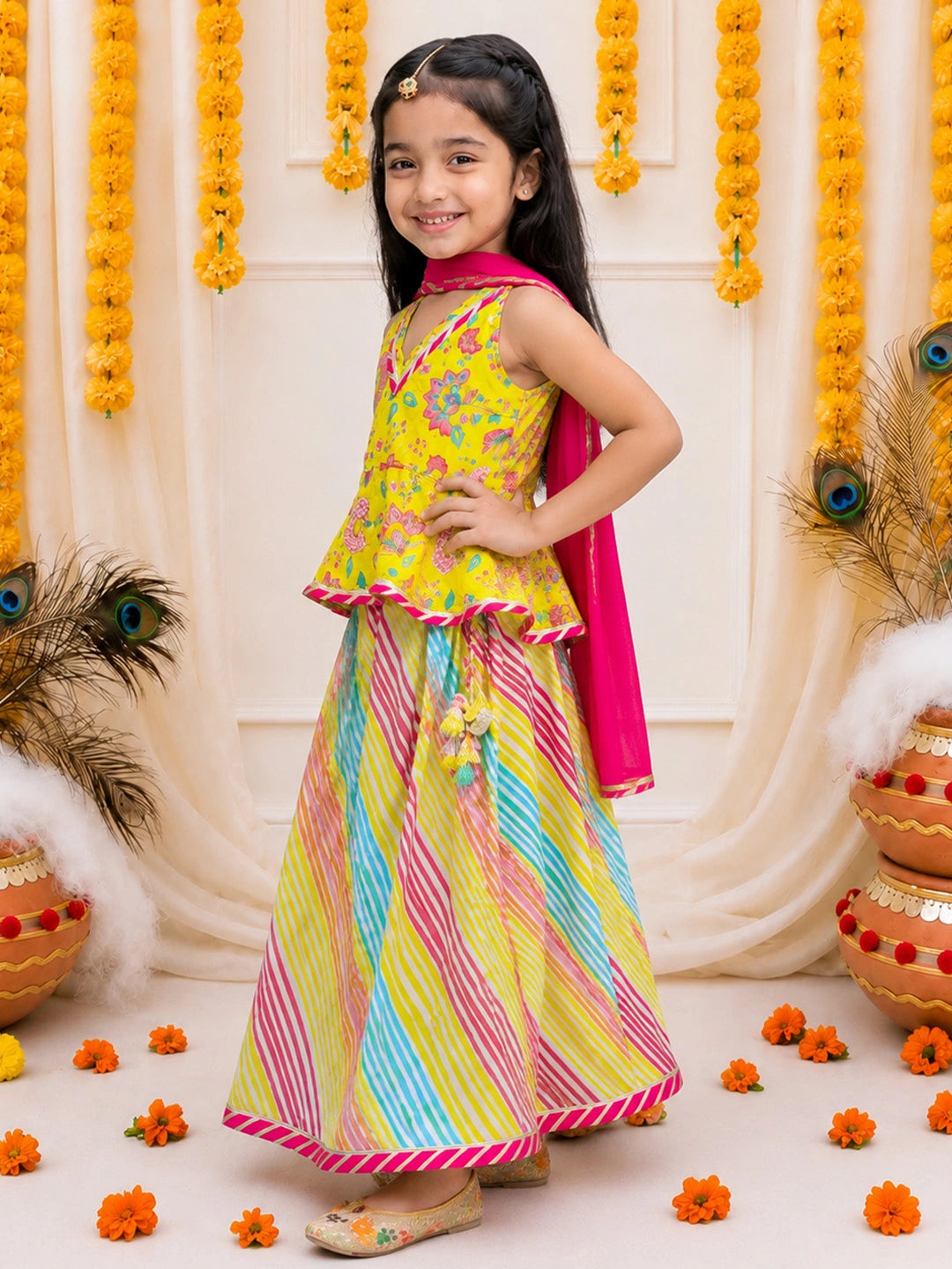 BownBee Pure Cotton Halter Neck Choli & lehenga With Dupatta Set For Girls