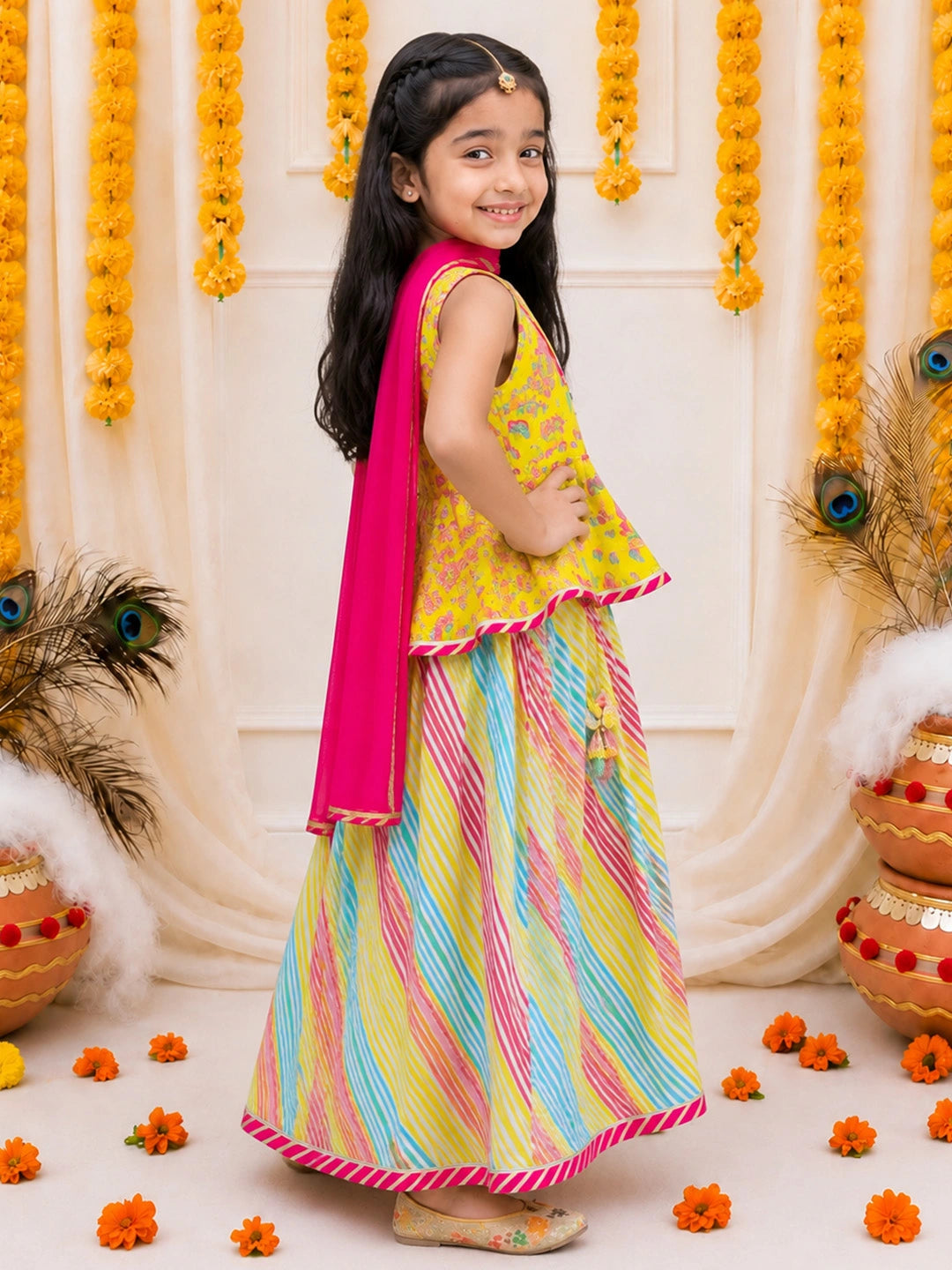 BownBee Pure Cotton Halter Neck Choli & lehenga With Dupatta Set For Girls