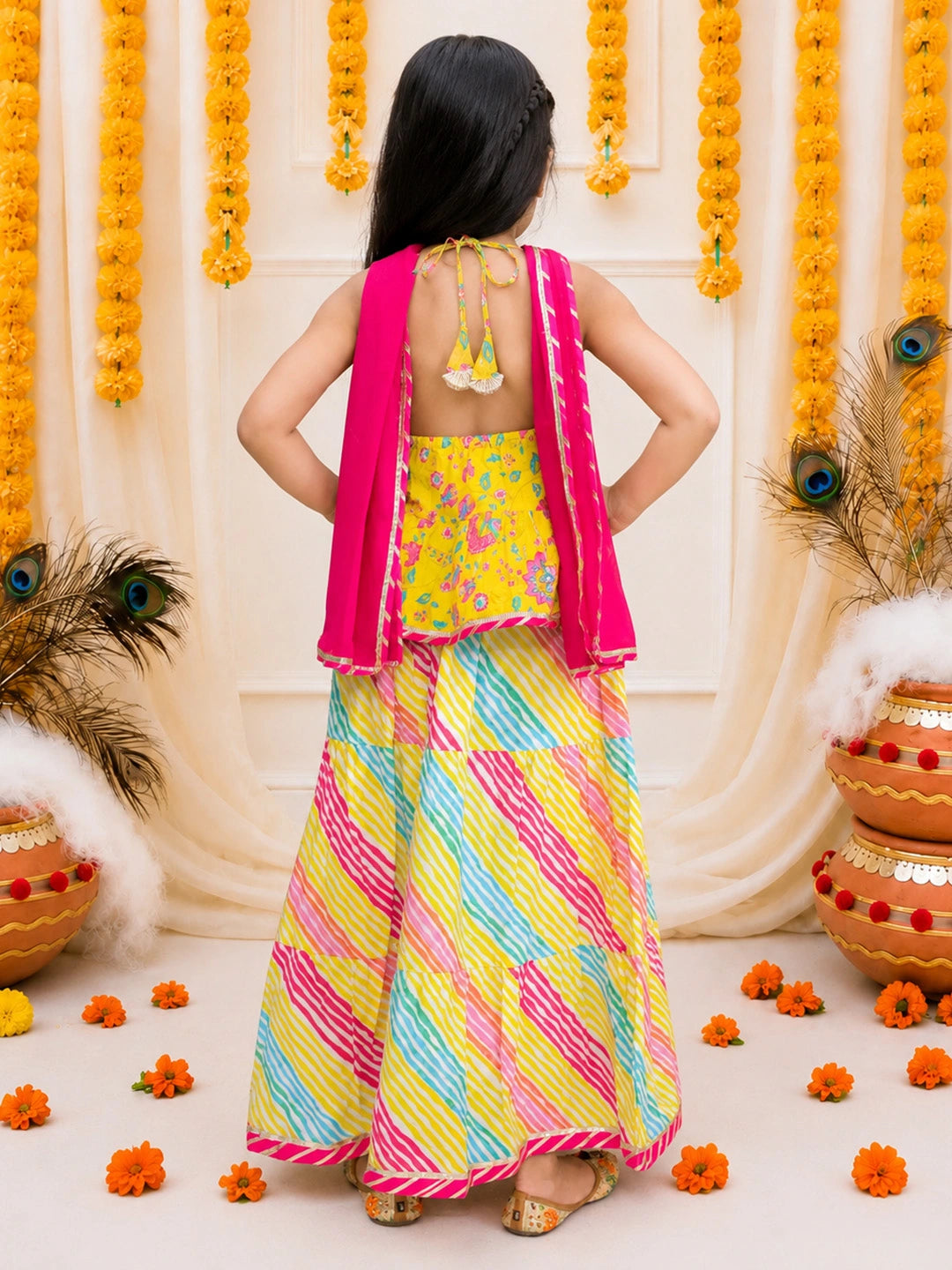 BownBee Pure Cotton Halter Neck Choli & lehenga With Dupatta Set For Girls