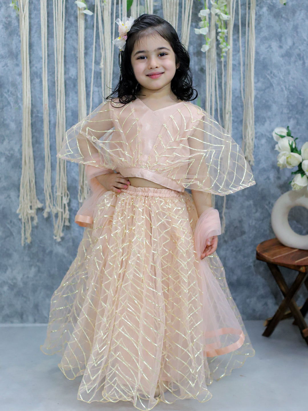 BownBee Net Choli with Heavy Net Lehenga & Dupatta for Girls- Pink
