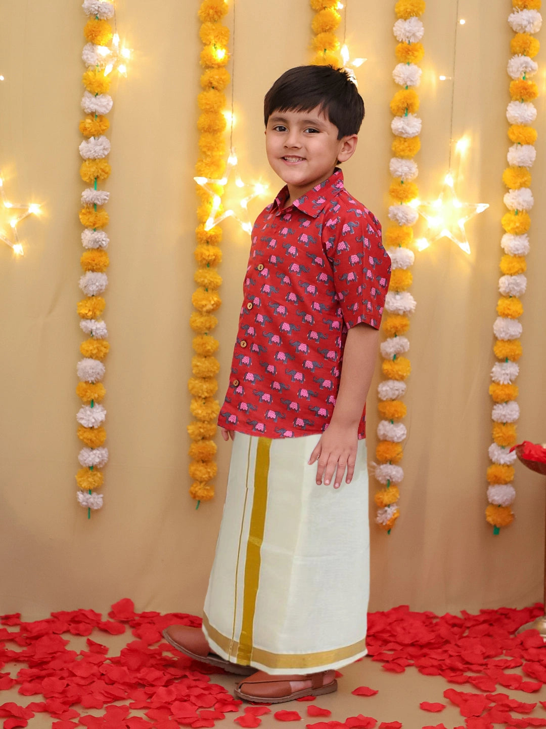 BownBee South Indian Half Sleeves Pure Cotton Mundu Dhoti Set