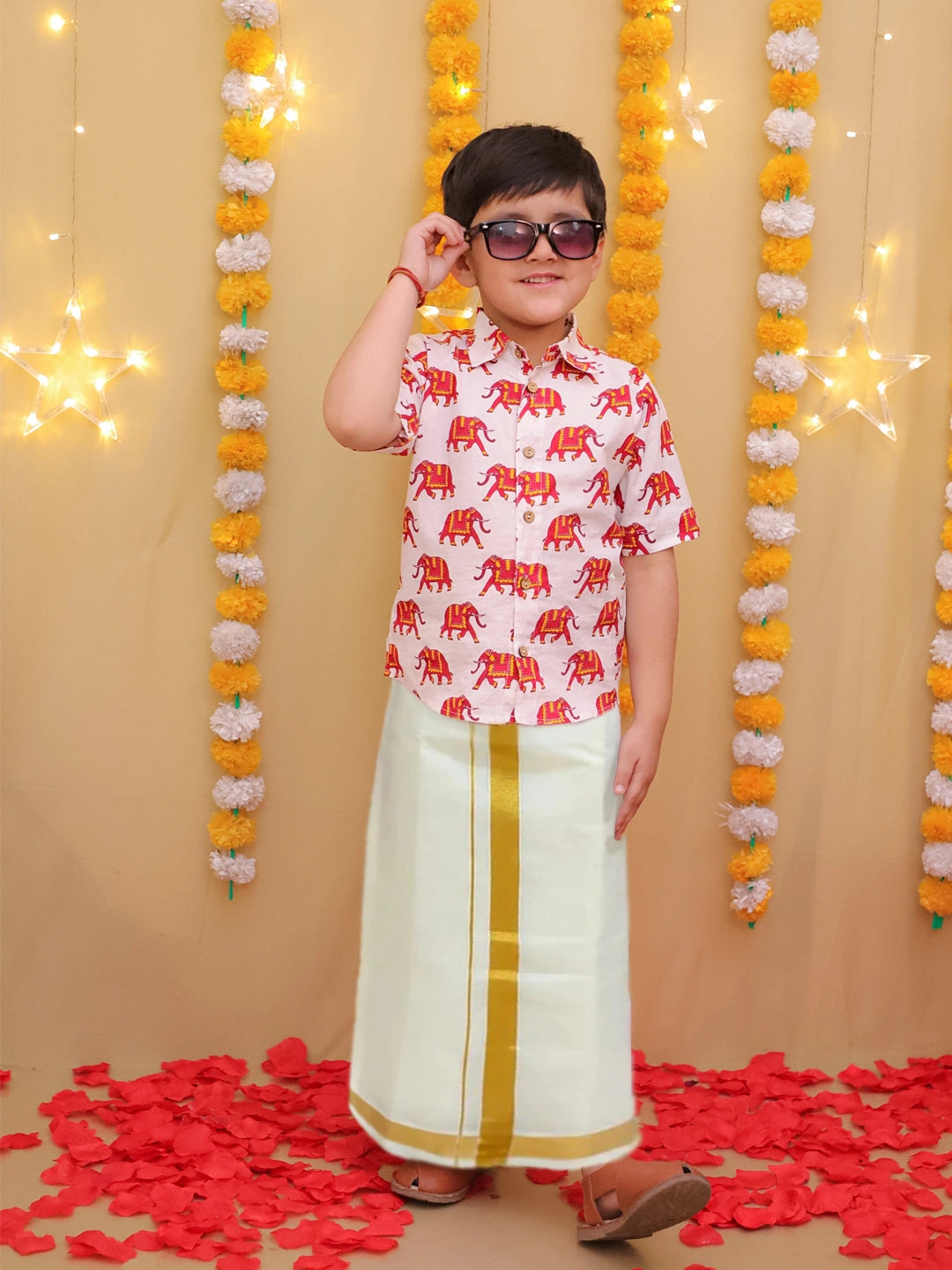 BownBee South Indian Half Sleeves Pure Cotton Mundu Dhoti Set