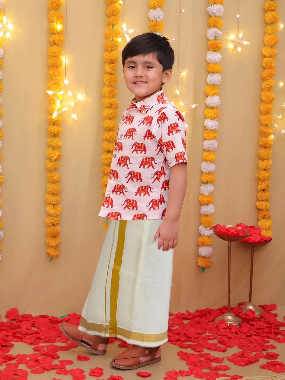 BownBee South Indian Half Sleeves Pure Cotton Mundu Dhoti Set