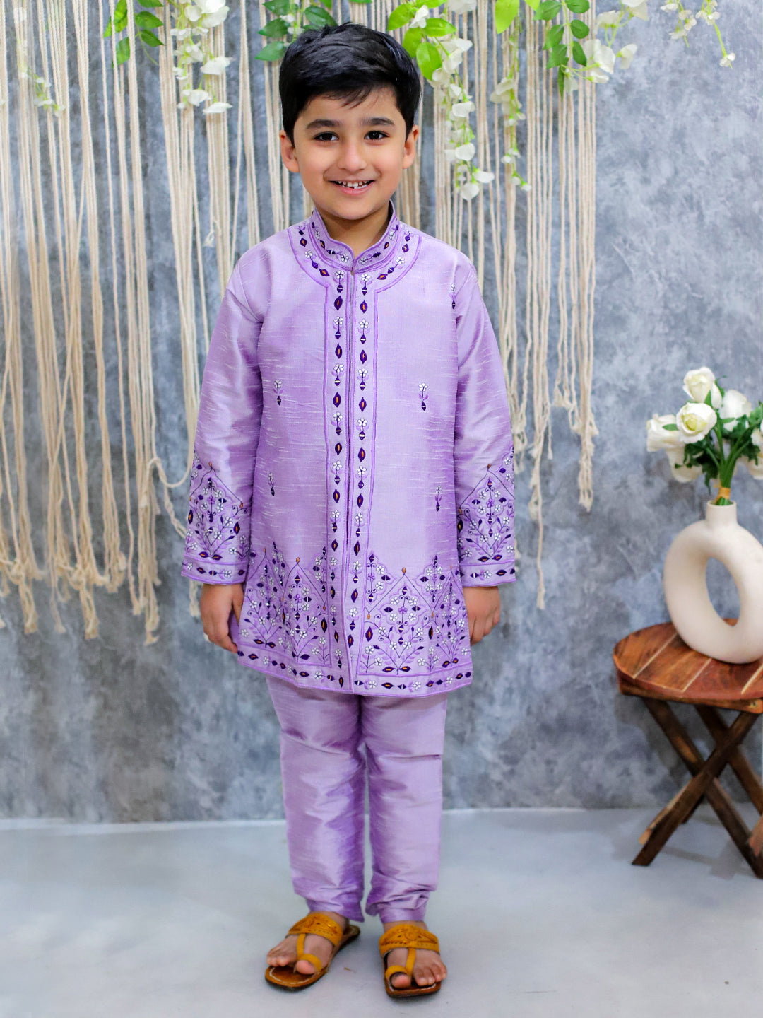 BownBee Embroidered Full Sleeve Sherwani with Pajama for Boys - Purple