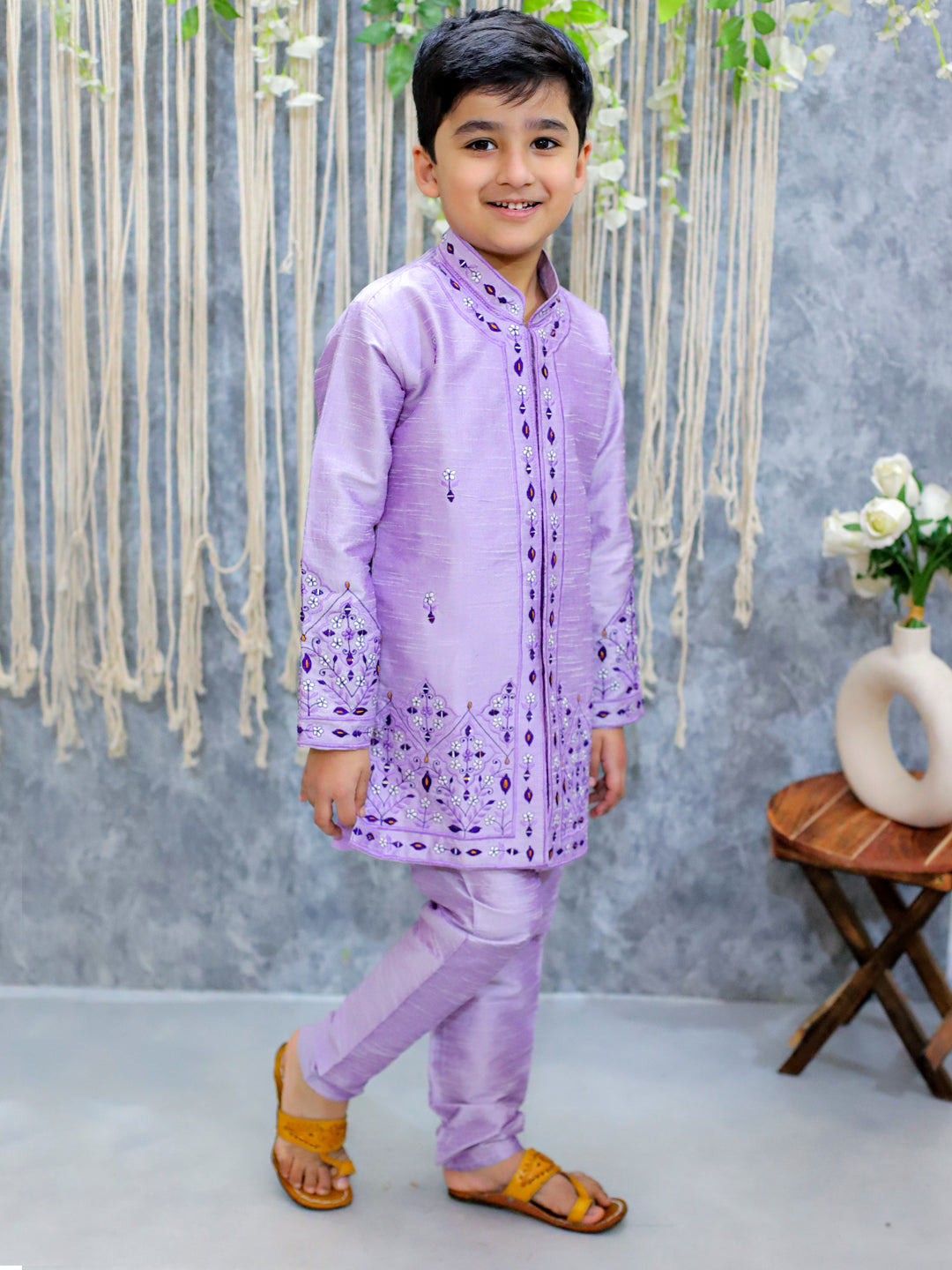 BownBee Embroidered Full Sleeve Sherwani with Pajama for Boys- Purple