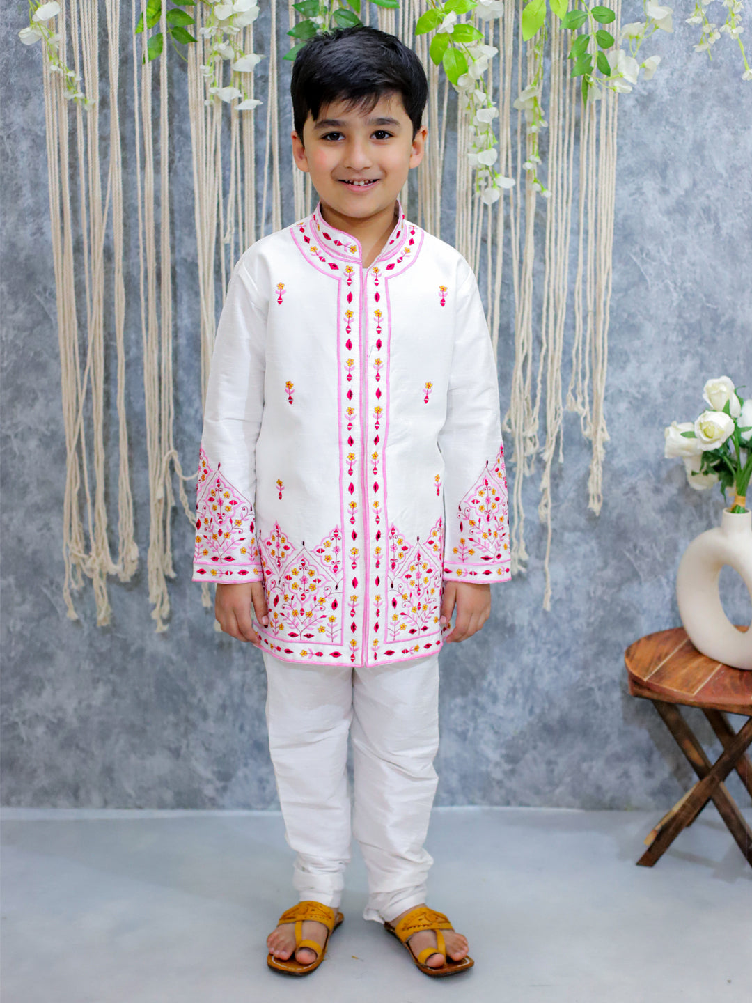 BownBee Embroidered Full Sleeve Sherwani with Pajama for Boys - White