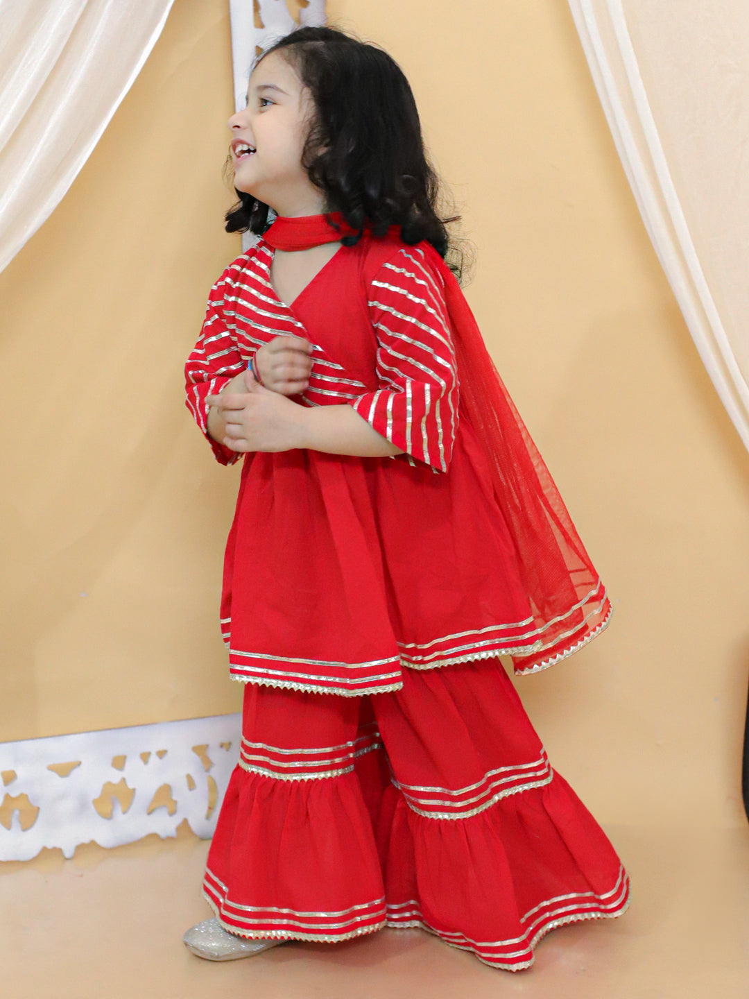 BownBee Pure Cotton Gota patti Lace Work Anarkali Kurta with Sharara and Dupatta Set- Red (Pre-Order)