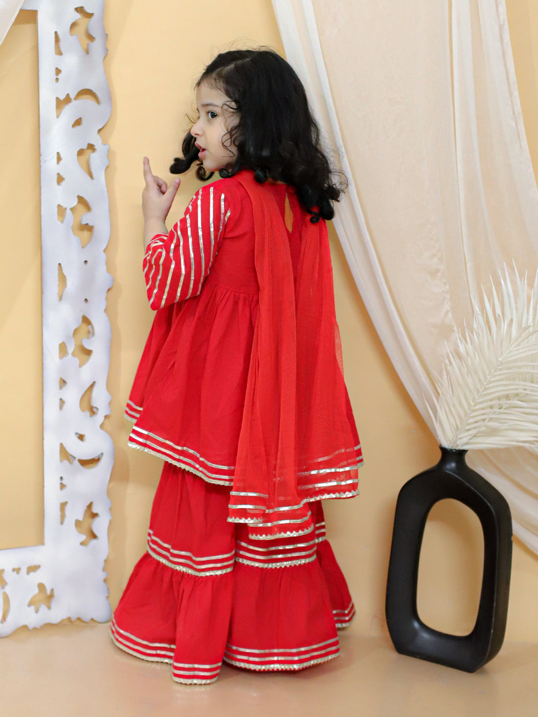 BownBee Pure Cotton Gota patti Lace Work Anarkali Kurta with Sharara and Dupatta Set- Red (Pre-Order)