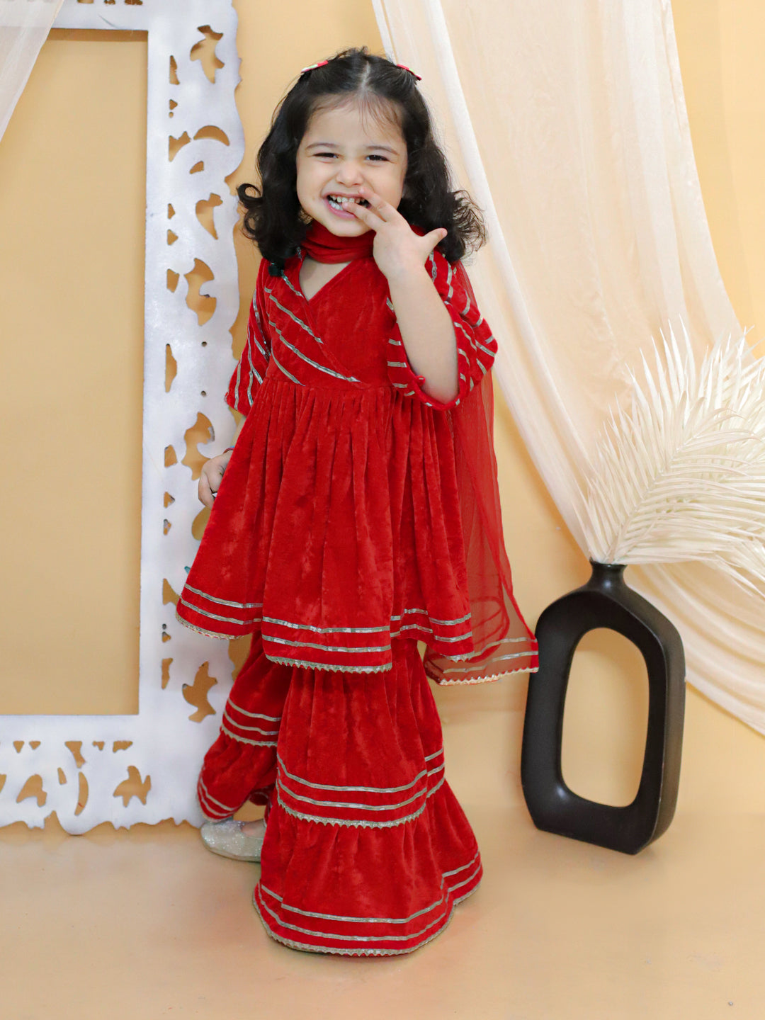 BownBee Velvet  Patti Lace Work Anarkali Kurta with Sharara and Dupatta Set- Red