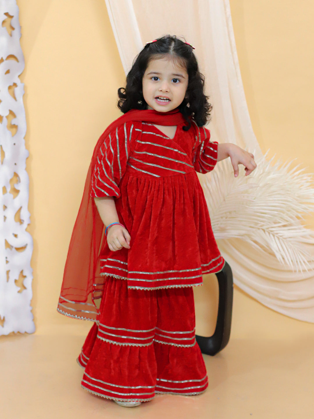 BownBee Velvet  Patti Lace Work Anarkali Kurta with Sharara and Dupatta Set- Red
