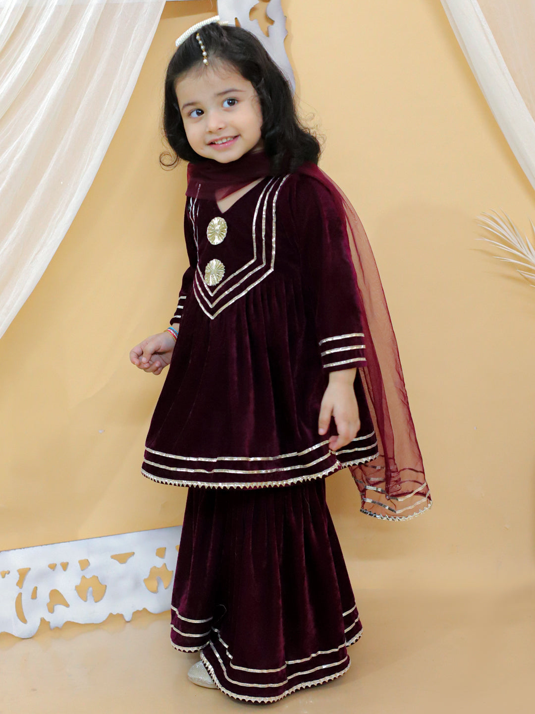 BownBee Boy Sibling Sets Ethnic Front Open Embellished Velvet Full Sleeve Kurta with Pajama and Girl Ethnic Wedding Gota Work Anarkali Kurta and Sharara Net fabric Dupatta Set-Purple (Pre-Order)