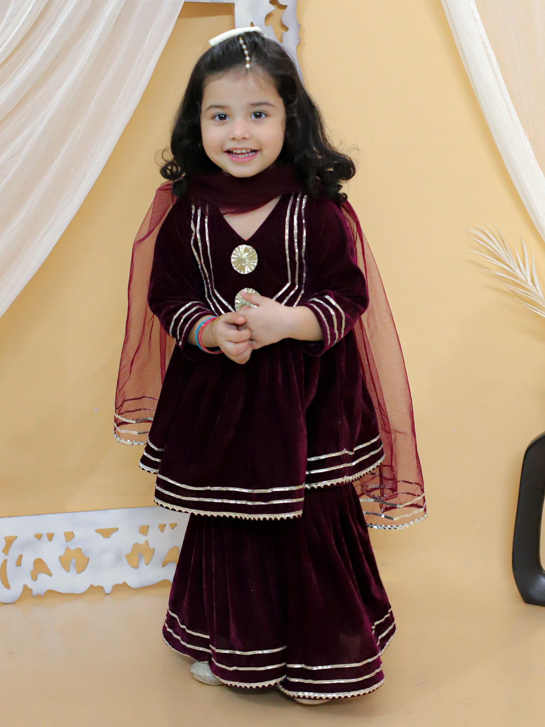 BownBee Boy Sibling Sets Ethnic Front Open Embellished Velvet Full Sleeve Kurta with Pajama and Girl Ethnic Wedding Gota Work Anarkali Kurta and Sharara Net fabric Dupatta Set-Purple (Pre-Order)