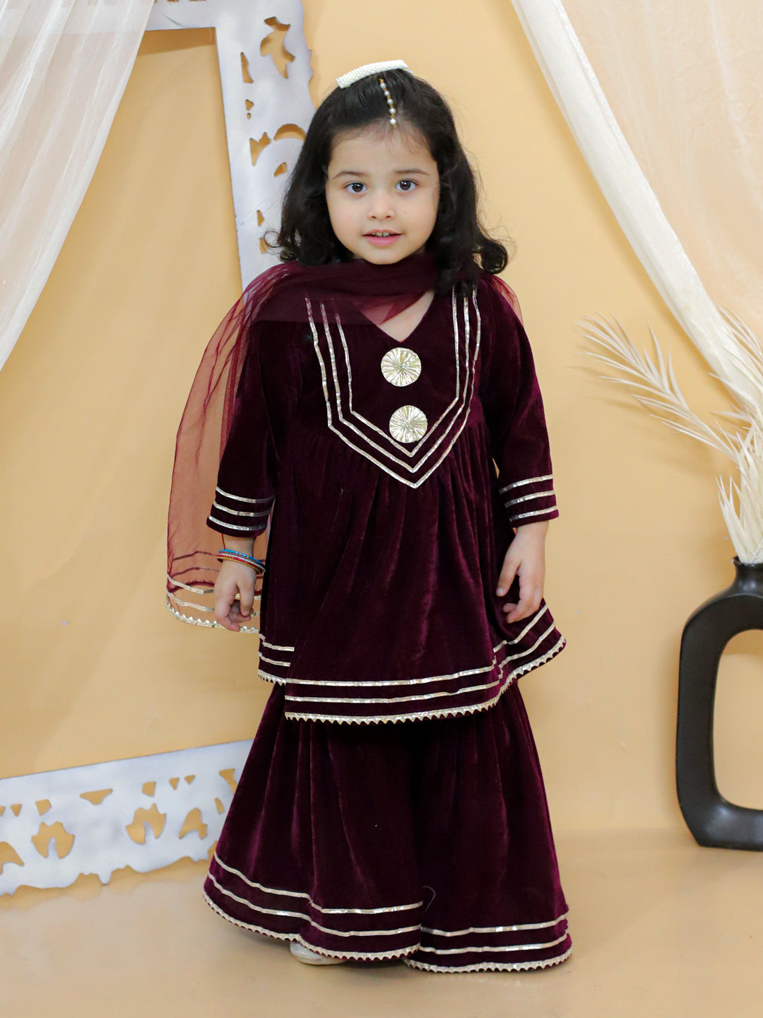 BownBee Boy Sibling Sets Ethnic Front Open Embellished Velvet Full Sleeve Kurta with Pajama and Girl Ethnic Wedding Gota Work Anarkali Kurta and Sharara Net fabric Dupatta Set-Purple (Pre-Order)