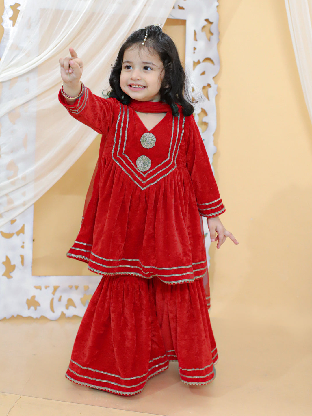 BownBee Velvet Gota Work Anarkali Kurta with Sharara and Dupatta Set- Red