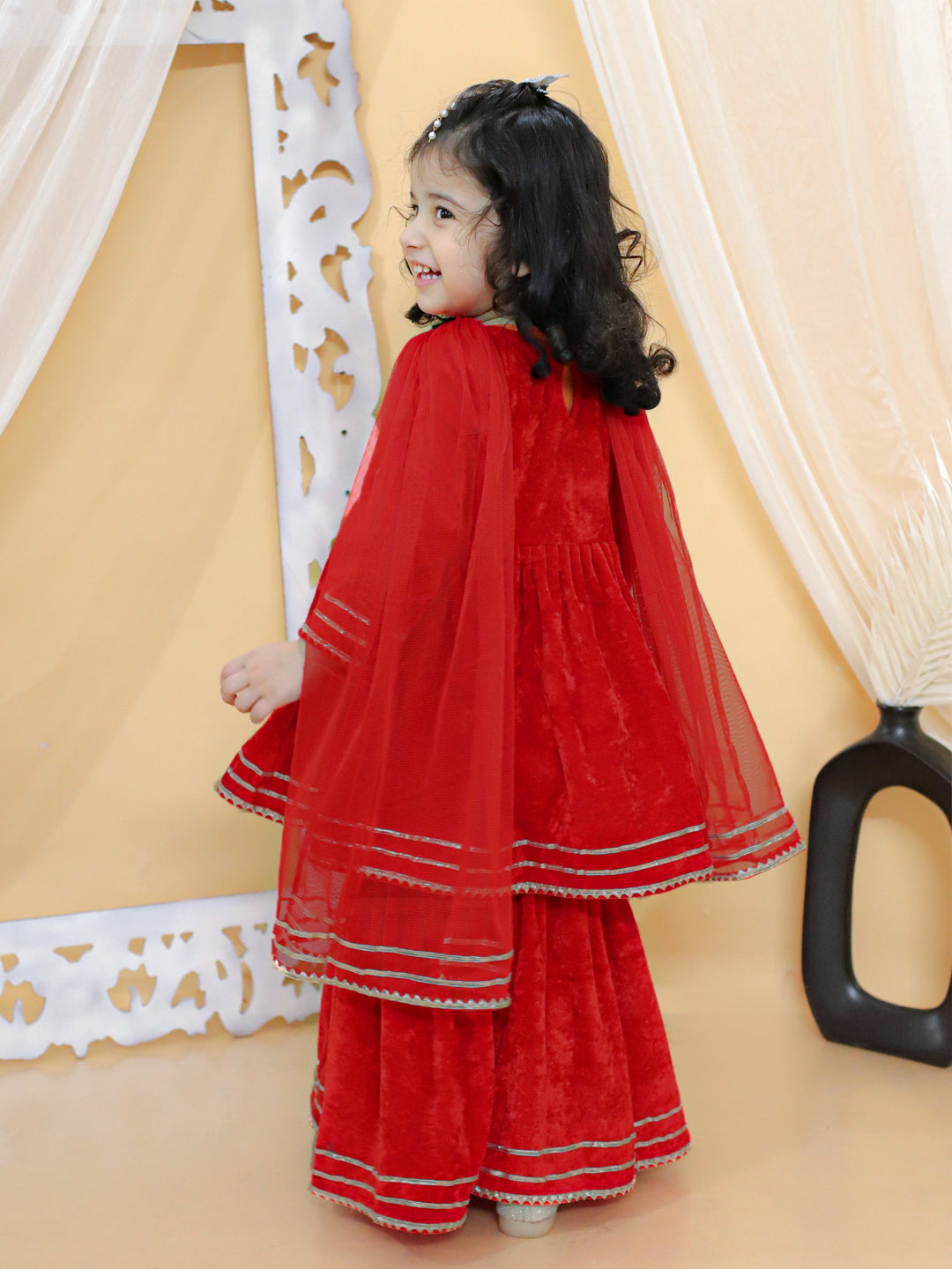 BownBee Velvet Gota Work Anarkali Kurta with Sharara and Dupatta Set- Red