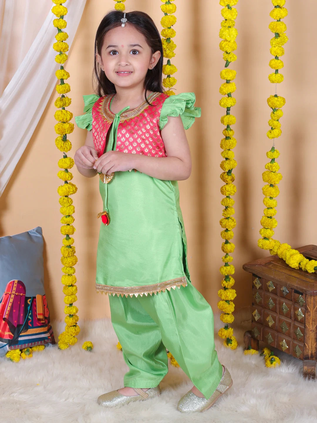 BownBee Girls Jacquard attached Jacket Silk Kurti Salwar Suit
