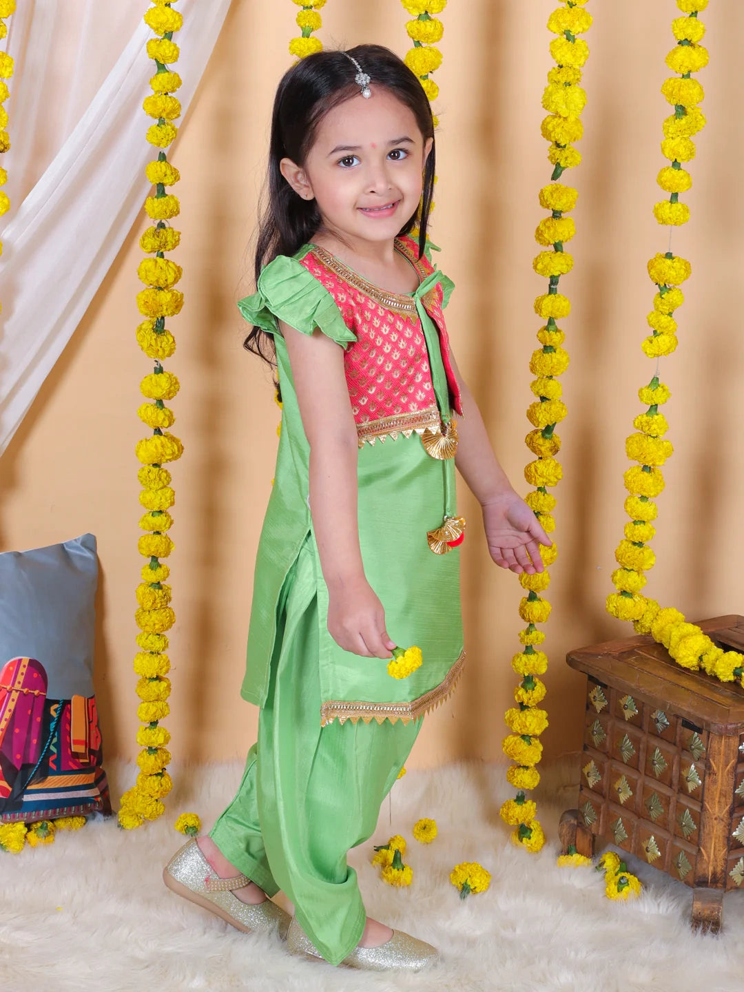 BownBee Girls Jacquard attached Jacket Silk Kurti Salwar Suit