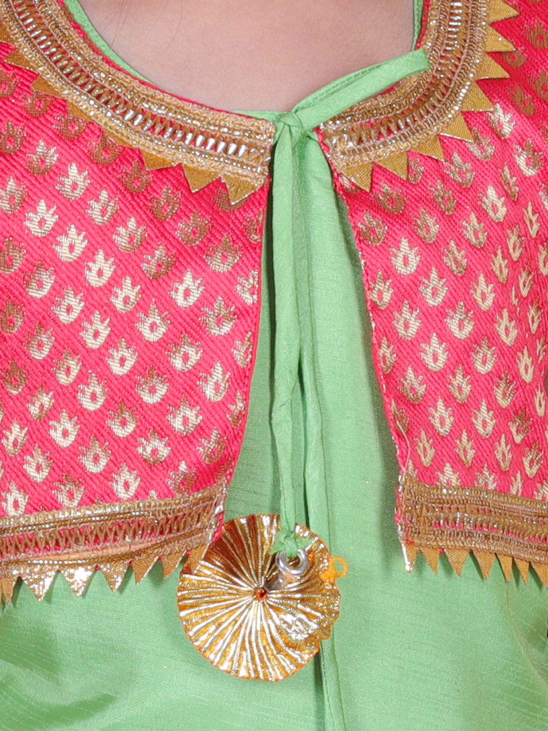BownBee Girls Jacquard attached Jacket Silk Kurti Salwar Suit - Green