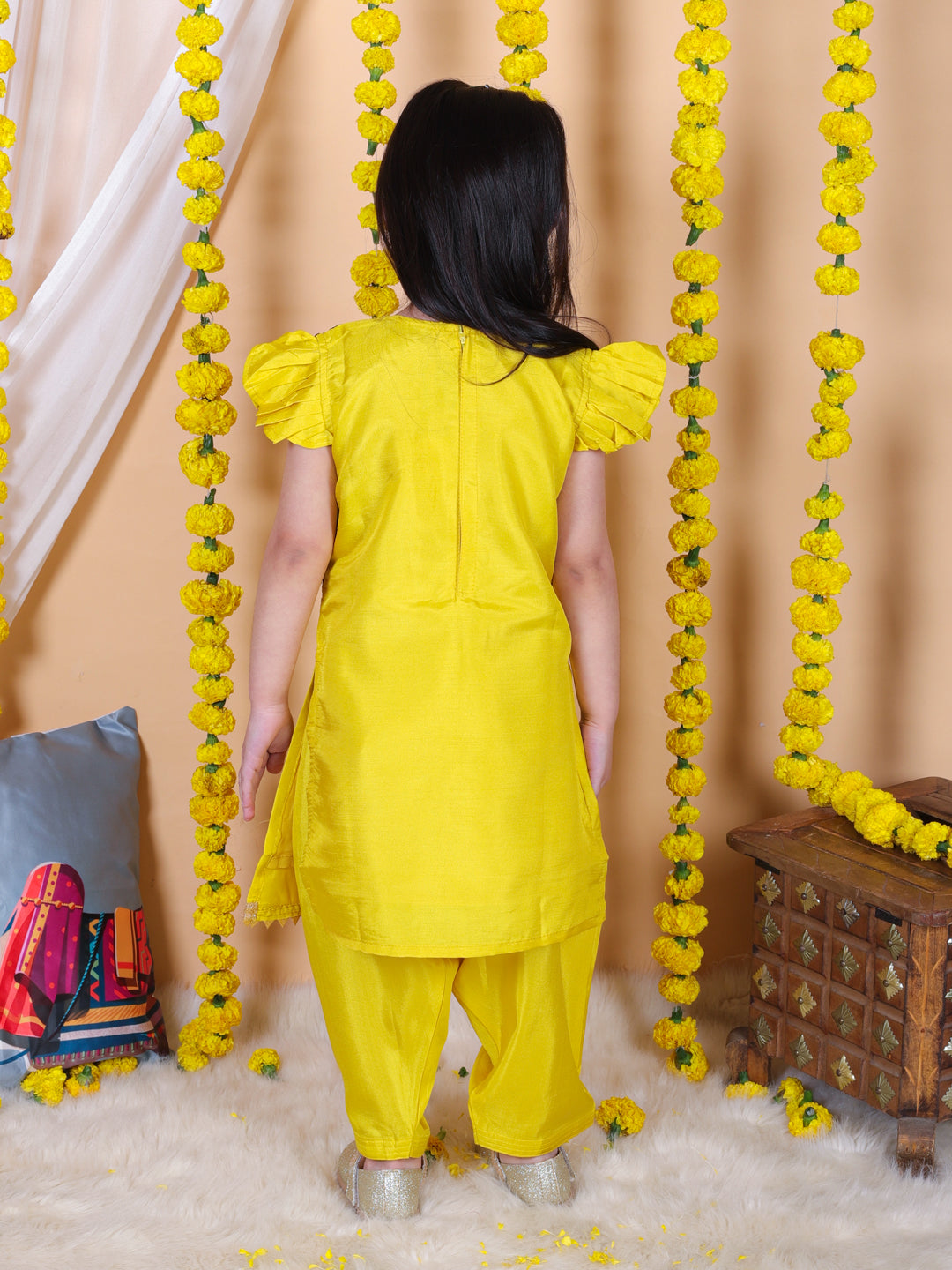 BownBee Girls Jacquard attached Jacket Silk Kurti Salwar Suit - Yellow