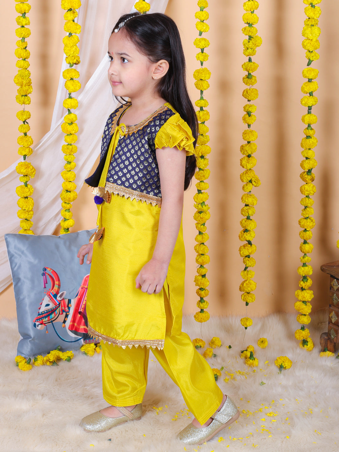 BownBee Girls Jacquard attached Jacket Silk Kurti Salwar Suit - Yellow