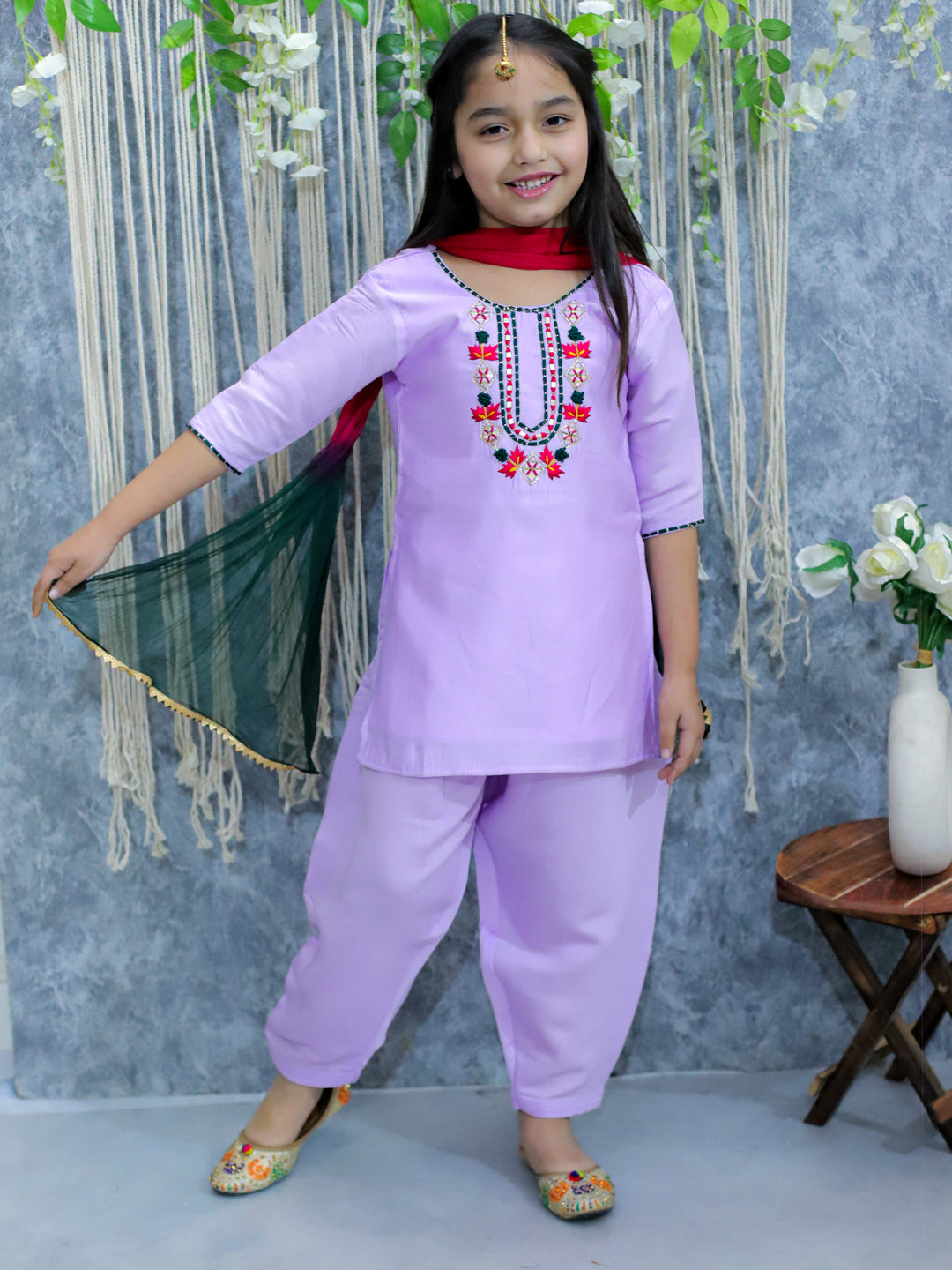 BownBee Embroidered Full Sleeve Dhoti Kurta & Salwaar Suit with Dupatta Sibling Set- White