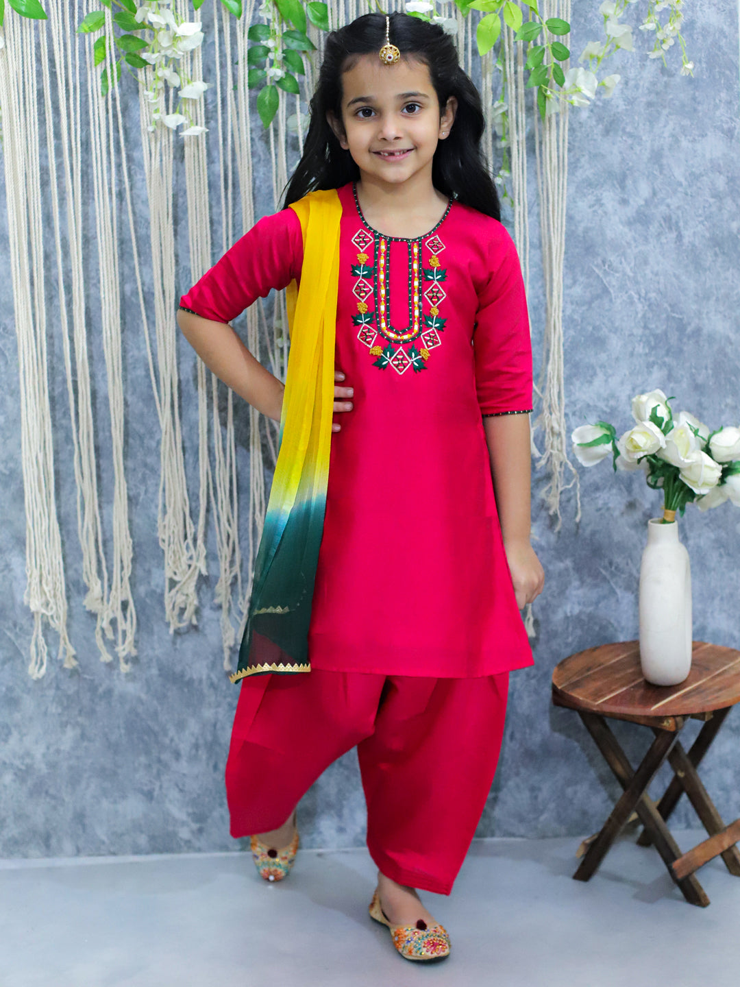 BownBee Embroidered Kurti with Salwar and Dupatta for Girls- Pink